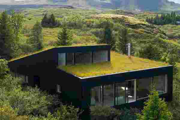 The green roof of this holiday home was designed to blend in seamlessly with its surroundings!