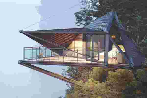 This cliffside cabin is supported by five suspension cables for a daunting jungle retreat!